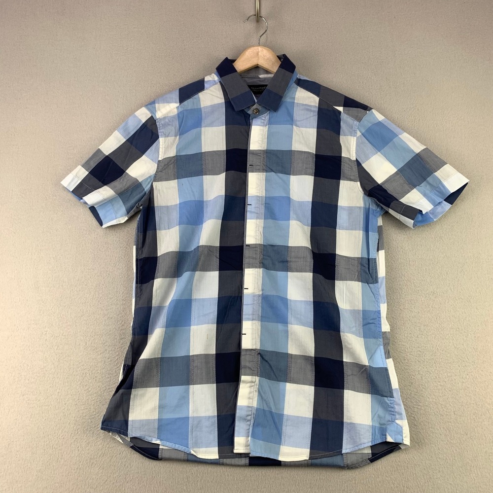 7 Diamonds Premium Shirt Mens Medium Blue Plaid Short Sleeve Stretch Button Up